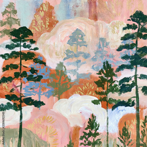 painting with layers of pine trees in a forest landscape with morning mist