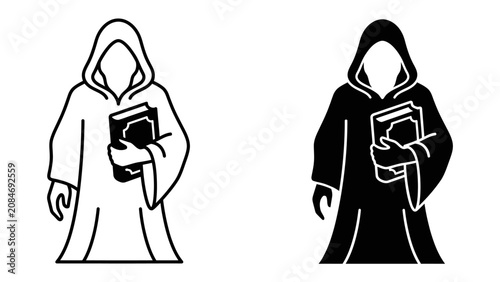 Fotografie Mysterious Figure with Sacred Text: An enigmatic figure clad in a hooded robe holds a book, presented in both outline and solid black variations, symbolizing mystery and knowledge