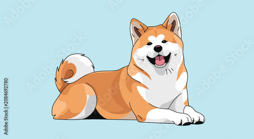 Cuadro en lienzo Adorable akita inu dog lying down and smiling with its tongue out on a light blue background in a soft illustration
