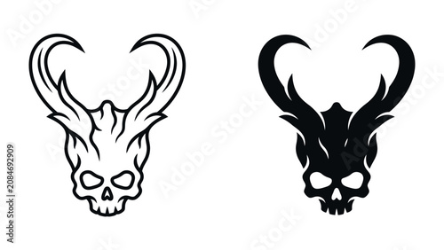Billede på lærred Demonic Skull Icon: A stylized illustration of a demonic skull with intricate horns and facial features, presented in both outline and solid black versions