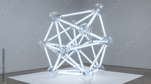 Luminous Geometric Nexus: Crystal Sphere & Rod Sculpture Art