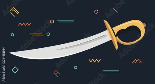 Schilderij op canvas Curved scimitar sword with a golden hilt and handle shown against a dark blue background with abstract geometric shapes