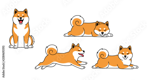 Foto Collection of Shiba Inu dog illustrations in various poses including sitting, lying down, running, and sleeping