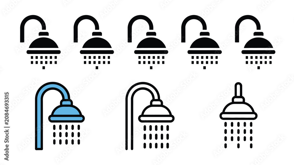 Naklejka premium Shower icon set vector illustration collection featuring bathroom shower head symbols with water drops in linear and glyph style.