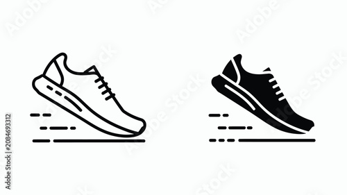 Fotografi Running shoe icon set featuring outline and solid glyph version of a fast sneake