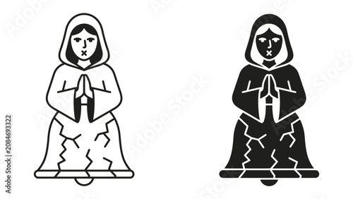 Obraz na plátně Praying Nun Icon: A stylized icon depicting a nun in prayer, wearing a hooded habit and with hands clasped in devotion, set against a fractured base, symbolizing faith and resilience