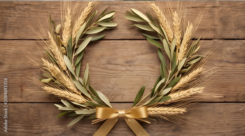 Harvest Gold Wreath: Wheat Olive Branch with Satin Bow Decor