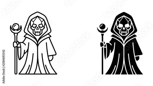 Fotografía Grim Reaper Icon Set: Two stylized icons depicting the Grim Reaper, one outlined and the other silhouetted, each holding a staff topped with a orb
