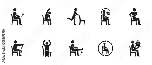 Elderly chair exercises icons set for senior rehabilitation and mobility training silhouette vector.
