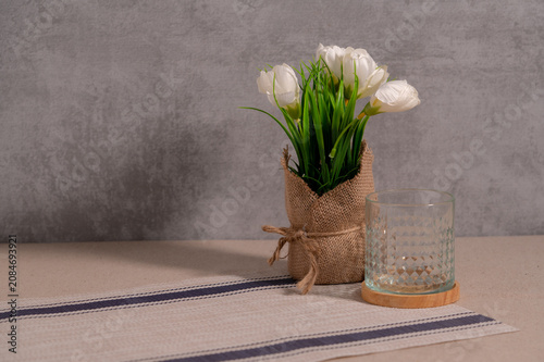 White Tulip Flowers Wrapped in Burlap  with Copy Space