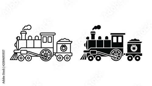 Fotografie Vintage Train Silhouette: A classic steam engine, depicted in both line art and silhouette, chugs along, evoking a sense of nostalgia and the golden age of rail travel