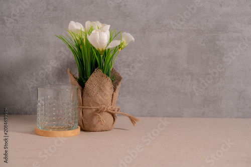 White Tulip Flowers Wrapped in Burlap  with Copy Space