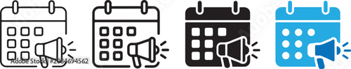 Calendar Event Announcement Icons Set Featuring Outline and Solid Glyph Icons for Marketing Schedules, Campaign Launches, Date Reminders, Meeting Alerts, Public Relations, Organized Publicity, Graphic