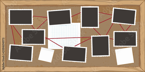 Corkboard With Photographs And Strings Vector Illustration