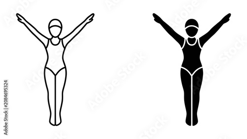 Bild auf Leinwand Diver Icon: Silhouette and outline icons depict a diver in a synchronized pose, arms extended, ready for a leap