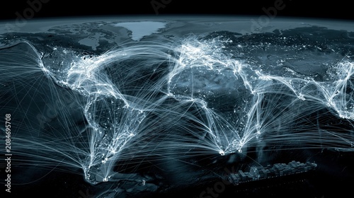 Glowing dark world map with bright shipping routes and cargo ships crossing oceans, global logistics network visualization