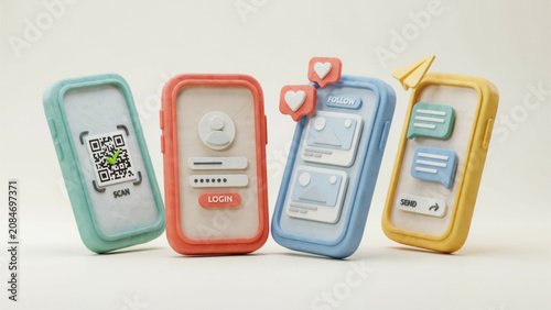 Assorted colorful mobile phones with various accessories laid out on a flat surface Vector