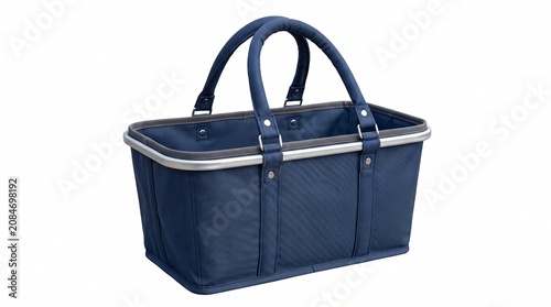 Blue leather tote bag, navy blue handbag, rectangular basket bag, silver trim