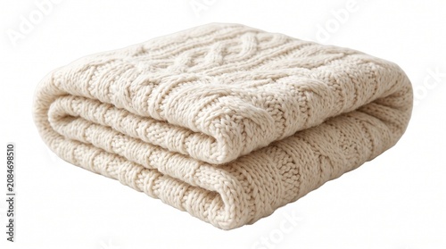 Folded cream knit blanket, plush throw, soft home textiles, cozy woven fabric