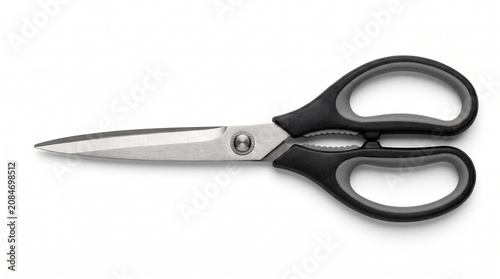 Sharp kitchen scissors, black handled, stainless steel blades, cutting tool