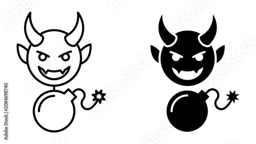 Foto Devil with Bomb Icon: A stylized, cartoonish devil icon is presented in both outlined and solid black versions, each holding a classic round bomb with a lit fuse, symbolizing mischief and danger
