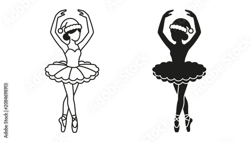 Foto Christmas Ballerina Silhouette: A festive ballerina in a tutu and Santa hat, depicted in both line art and silhouette, strikes a graceful ballet pose, celebrating the holiday season with elegance