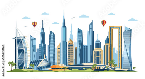Panoramic vector illustration of the famous Dubai city skyline with iconic skyscrapers and hot air balloons.