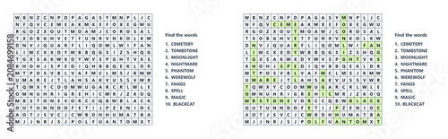Bild auf Leinwand Word search puzzle with highlighted words and solution guide