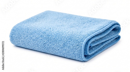 Folded blue microfiber towel, cleaning cloth, soft fabric, absorbent material