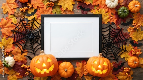 Halloween themed decoration with jackolanterns and autumn leaves