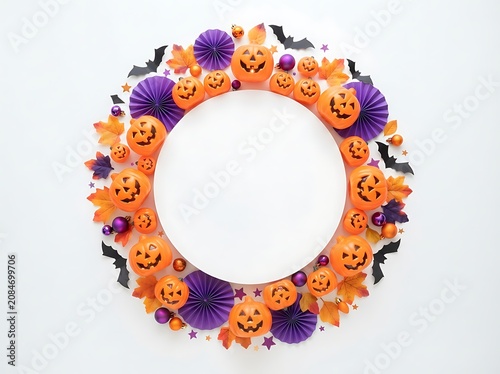 Halloween wreath with pumpkins bats and leaves on white