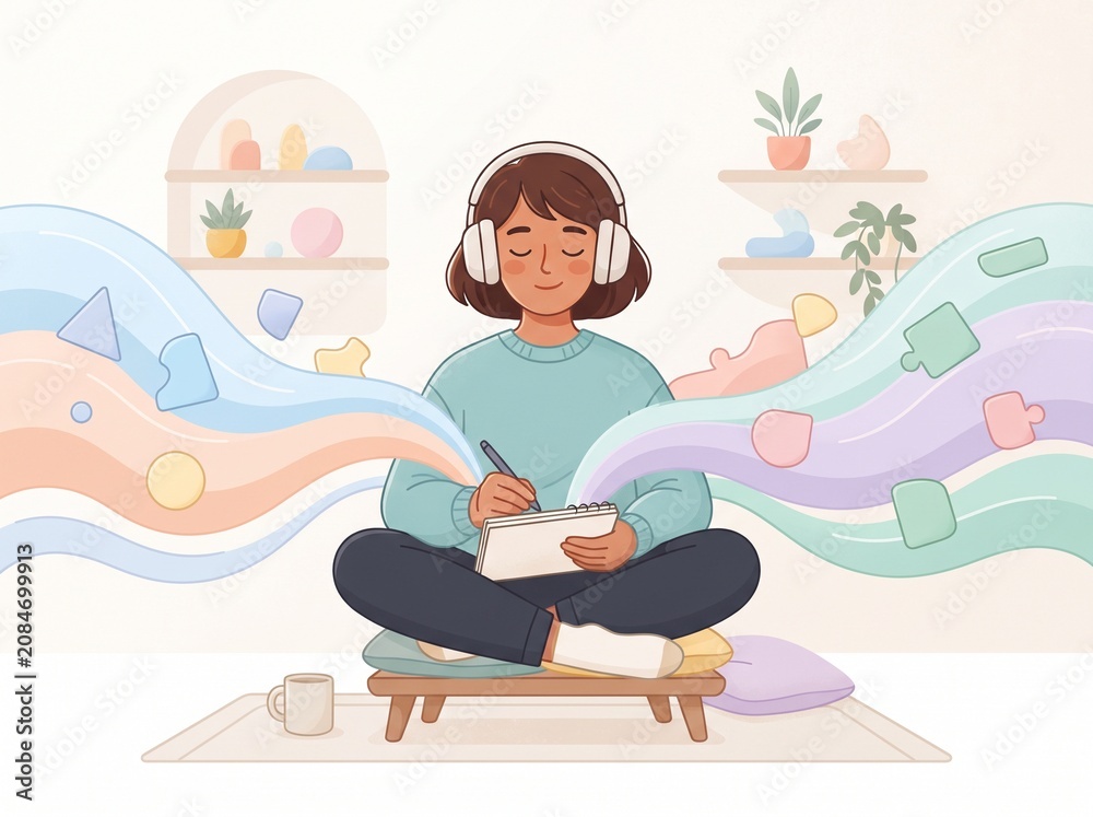 Obraz premium Young woman wearing headphones writing in a notebook surrounded by colorful flowing abstract waves of creativity and imagination