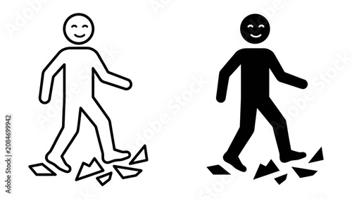 Bild auf Leinwand Walking on Broken Glass: Two stylized figures, one outlined and one solid, joyfully stride across a scattering of sharp, broken glass shards, symbolizing resilience and overcoming obstacles