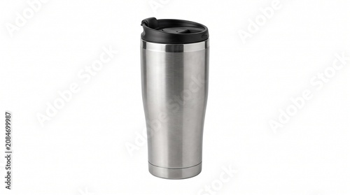 Stainless steel travel mug, silver insulated tumbler, black lid, office coffee cup