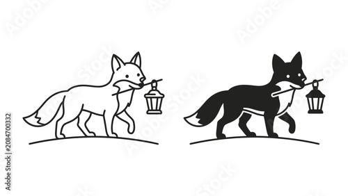 Photos Fox carrying a lantern logo: A stylized fox, depicted in both line art and solid silhouette, walks with a lantern held in its mouth, symbolizing guidance or illumination
