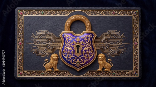 Gold Filigree Padlock With Lions And Circuit Board Cybersecurity On Slate