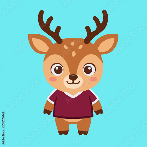 Cute deer character with maroon sports jersey in flat cartoon illustration style for kids decoration or team mascot