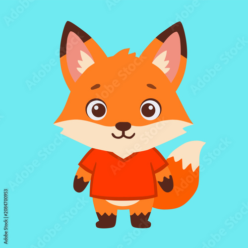 Cute orange fox character with red sports jersey in flat cartoon illustration style for kids book or team mascot