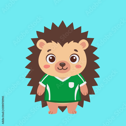Cute hedgehog character with green sports shirt in flat cartoon illustration style for baby products or team mascot