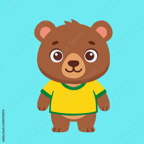 Cute brown bear character with yellow sports shirt in flat cartoon illustration style for baby products or team mascot