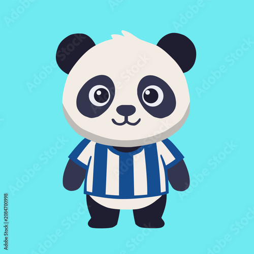 Cute panda character with blue striped jersey in flat cartoon illustration style for children brand logo or sports mascot