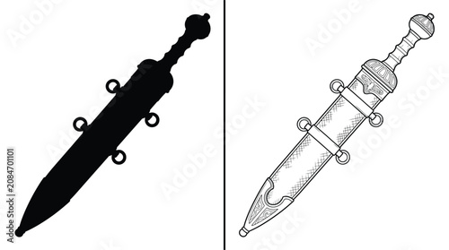 Obraz na płótnie Sword Roman Gladius with a Scabbard and Two Ring Attachments, Depicted in Both a