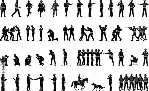 Law enforcement police tactical operations arrest interrogation training teamwork and security action silhouettes vector illustration set