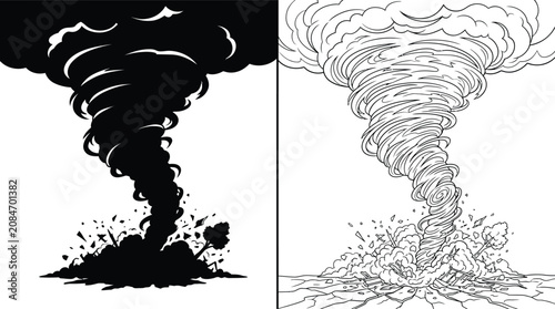 Konstfotografi Tornado Icon Design with a Swirling Dark Vortex and a Line Art Version Creating