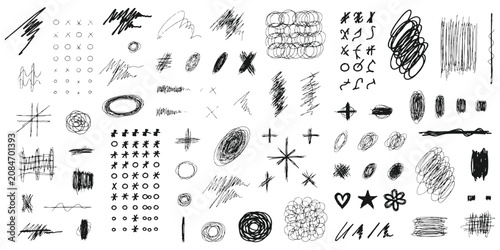 Hand drawn pencil scribbles and abstract sketch elements collection with crosses circles and chaotic lines vector illustration.