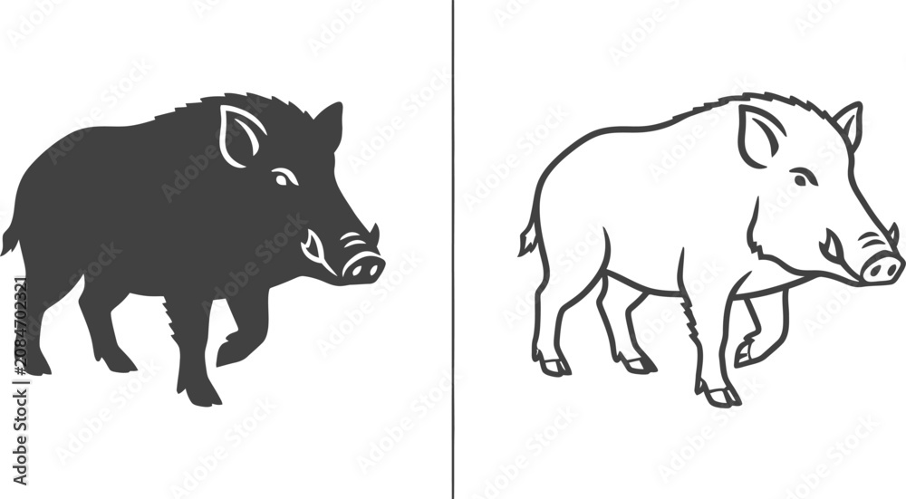 Fototapeta premium Wild Boar Icon Design with an Adult Hog in Solid Black and Outlined Vector Styles.