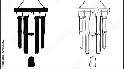 Cuadro en lienzo Wind Chime Black Silhouette and Outline Icon with Bamboo Tubes and Hanging Clapper for Melodic Sound