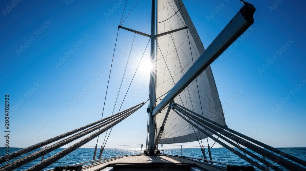 Fototapeta premium Sailing yacht mast and white sail under bright sun on open ocean