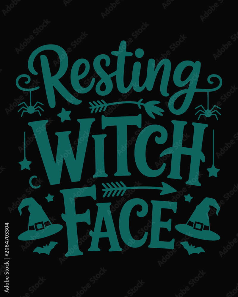 Obraz premium Resting witch face spooky typography design with hats bats and arrows art.