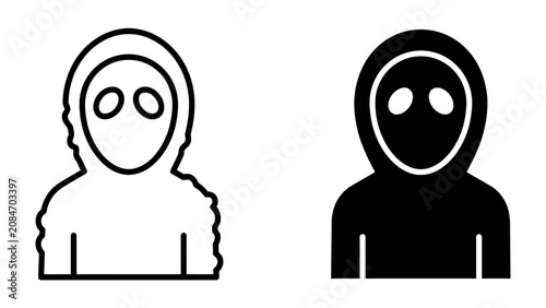 Schilderij op canvas Anonymous Figures: Two stylized icons represent individuals obscured by hoods, one in outline and the other as a solid silhouette, conveying themes of anonymity and mystery